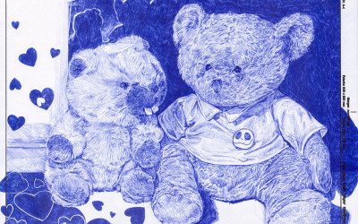 biro drawing of two teddy bears
