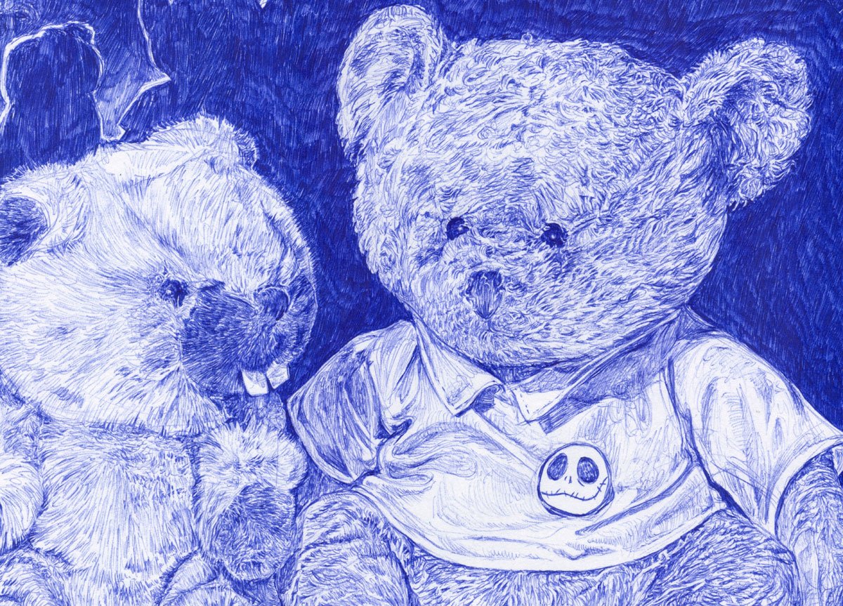 detail from biro drawing of two teddy bears